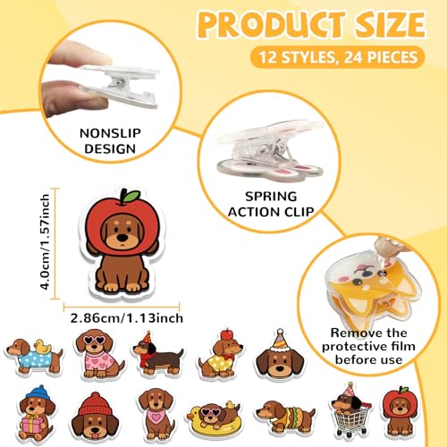 MAYJOYDIY 24Pcs 12 Styles Dachshund Animal Acrylic Chip Clips Dog with Apple Party Hat Heart Sunglasses Bag Sealer Sealing Closures Cute Duck Float Scarf Bag Clips for Food Storage Airtight Seal Grip - style: Dog