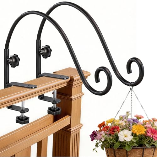 16 Inch Deck Hooks Railing Plant Hanger 2PCS, Shepherd Hook Swivel | Heavy Duty Deck Hooks for Railing, 360° Swinging Plant Hanger Bracket Outdoor, Solid Iron Plant Hangers for Deck Railing - size: 16Inch -2PCS