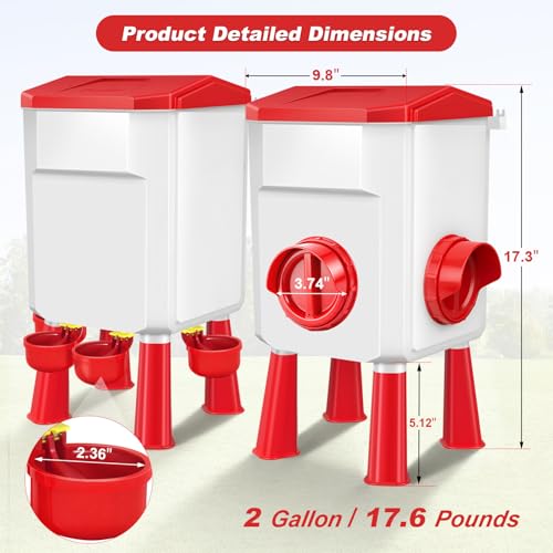 Auto No Waste Chicken Feeder and Waterer Set 2 Gallon/17.6 Pounds | Sturdy & Durable Chick Feeder and Waterer Set, Poultry Feeder Large for Hens/Ducks/Poultry - color: Red