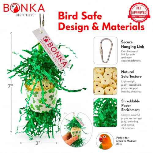 Bonka Bird Toys 2778 Shamrock Sola Cup 7" x 3" Cardboard and Natural Sola Atta Ball Bird Foraging and Chew Toy with Crinkle Paper and Quick Link for Parakeet Cockatiel Conure Quaker - size: Pack of 1