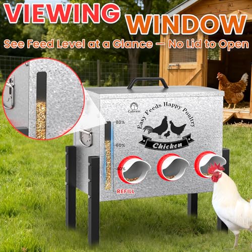 7-Gal Metal Automatic Chicken Feeder with 6 Feeding Ports | 35LB Capacity, Anti-Waste Design, Rust-Proof Alloy Steel, Clear Viewing Window, 3-Level Legs for Outdoor Chicken Coops - size: 7GAL-35LB