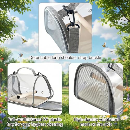Portable Bird Travel Carrier with Breathable Mesh Windows Hands Free Bag | Parrot Backpack for Vet Visit Shopping Hiking, Clear View Small Pet Cage with Easy Clean Removable Tray and Perch - color: Gray