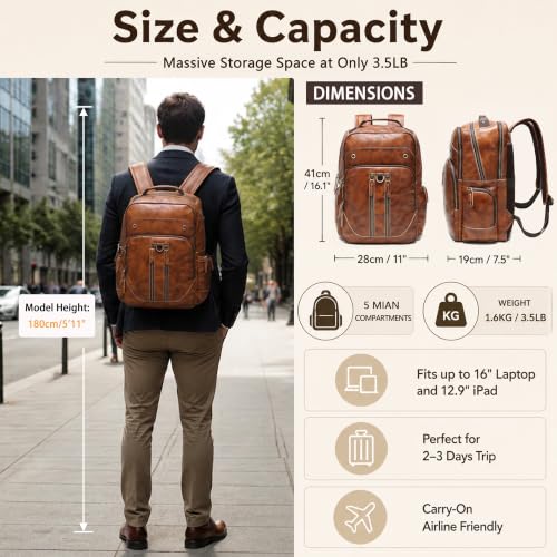 Full Grain Leather 16" Laptop Business Travel Backpack for Men, Orange | Vegetable Tanned Leather, YKK Metal Zippers, 5 Compartments, Ergonomic S-Straps, Large Capacity, Trolley Sleeve - color: Orange