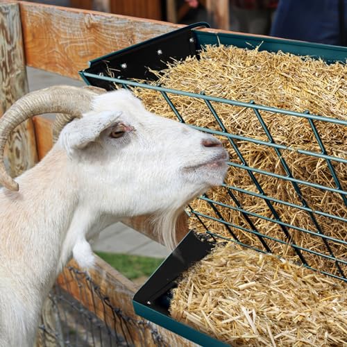 Wall Mount Hay Rack, Heavy-Duty Galvanized Metal 2 in 1 Hay and Grain Feeder, Livestock Feeder with Adjustable Distance, Hay Feeder for Goats, Sheep, Horse - color: Dark Green
