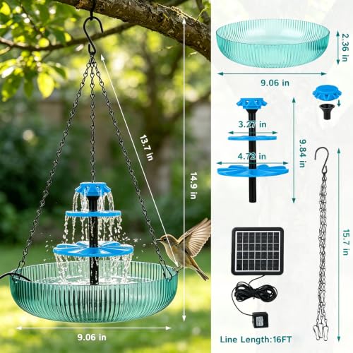 3-Tier Solar Hanging Bird Bath Fountain, 16.4 ft Cord (2 Tier Solar Powered) - color: 2 Tier Solar Powered