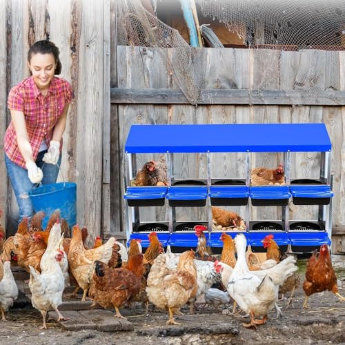 10-Hole Chicken Nesting Box with Removable Lid, Metal Chicken Coops with Roll Away Design/Easy Egg Collection/Ventilation Holes, for Chickens Coops, Duck and Hens - color: Blue, size: 10 holes with legs