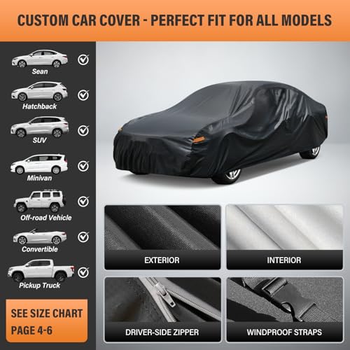 Kayme Large Car Cover Waterproof All Weather - See Size Chart - Size C7 | Accurate Fit, Heavy Duty for Automobiles, Outdoor Sun Rain Snow UV Protection. Soft Cotton, Driver Door Zipper, Storage Bag - color: PE-Black, size: 1 C7 Fit Large Sedan-Length (211
