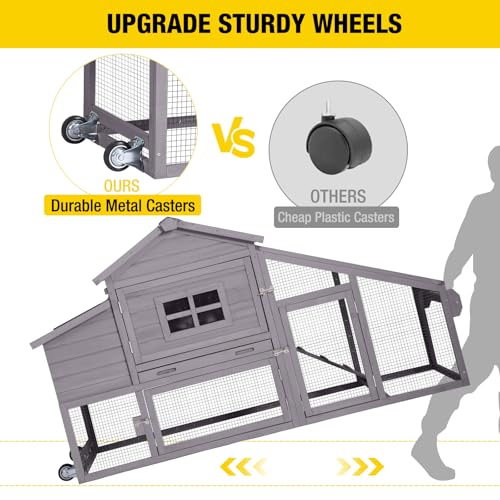 Wooden Chicken Coop, Large Chicken Tractor with Wheels, Weatherproof Hen House with Nest Box and Removable Tray, Mobile Poultry Hutch for 2-4 Chickens, Rabbits & Ducks (Grey) - color: Grey, size: 72.3"L x 26.0"W x 39.4"H