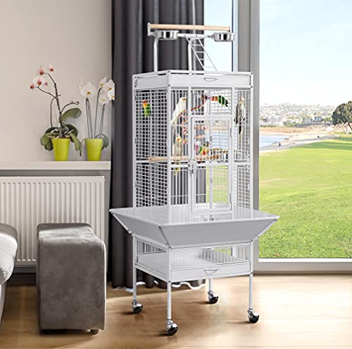 Yaheetech Wrought Iron Bird Cages, Play Top Large Aviary with Stand for Cockatiel Parrot Sun Parakeet Conures Lovebird Budgie Finch African Grey White, 61-inch - color: White