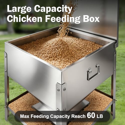 Stainless Steel Chicken Feeder No Waste, Large Capacity Poultry Feeder, Adjustable Metal Chicken Coop Feeder with Lid and Handle