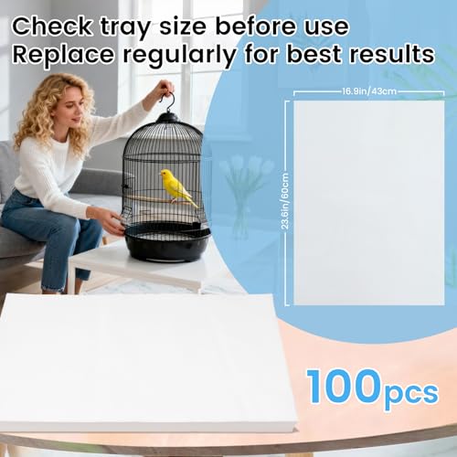 23.6x16.9in Bird Cage Liners,100 Sheets Pre-Cut Cage Tray Pads | Disposable Absorbent Non-woven Pads Absorb Moisture and Collect Feathers for Parrots, Cockatiels, Parakeets and Finches - size: 23.6x16.9in-100P