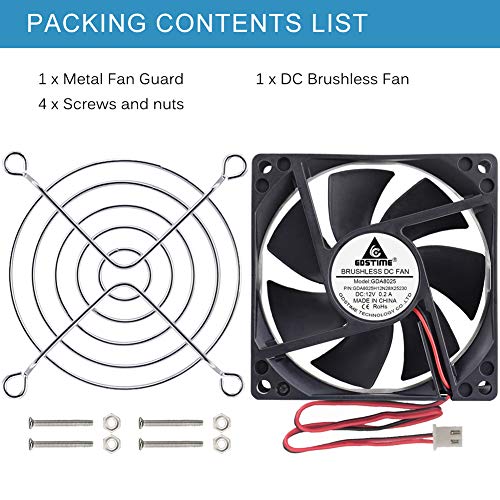 GDSTIME 80mm x 25mm 12V Fan 2Pin DC Brushless PC Computer Case Cooling Fans | Replacement for Desktop Power Supply, Car Audio Amplifier, RV Fridge, Inverter - 80x80x25mm, 8025, 12 Volt, High Performance - size: 80x80x25mm