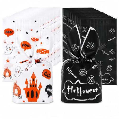 100PCS Halloween Treat Bags with Bunny Ear Ties, Ghost Castle Designs | Thick plastic goodie bags, 2 Halloween designs, ideal for candy, party favors, classroom exchanges and trick-or-treat - color: White & Black
