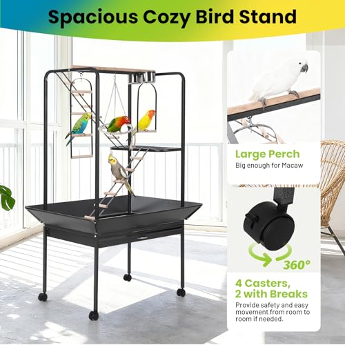 Garvee 64'' H Inch Birdcage Stand Play Center with Perches and Ladders | Indoor Outdoor Playground for Birds, Bird Playstand w/Rotated Ring Removable Tray, Lockable Caster, for Macaw and Parakeet - size: 64'' H