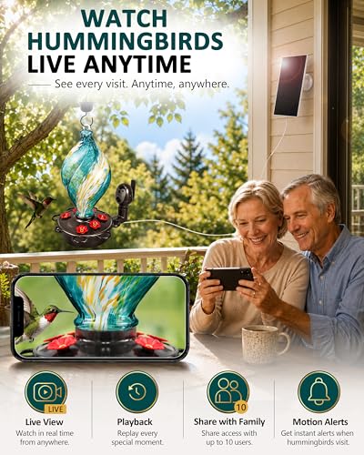 LUJII Smart Hummingbird Feeder with Camera for Outdoor Hanging, Hand Blown Glass, Solar WiFi Feeder with Live View App, 6 Feeding Ports, Leak-Resistant Design, Ant Moat & Gift Box, 28 fl oz, Teal - color: Teal, size: Large