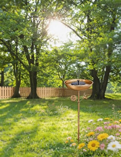Freestanding Bird Bath with Metal Stake - 11” Antique Bronze Metal Birdbath Bowl & Feeder for Outdoor Garden Yard Decor