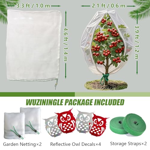Bird Netting for Fruit Trees with Zipper, 2 Pack 3.3x4.6 ft Garden Netting Cover for Blueberry Bushes/Tomatoes, Include Owl Deterrent Reflective Tapes & Storage Straps - size: 3.3×4.6 ft