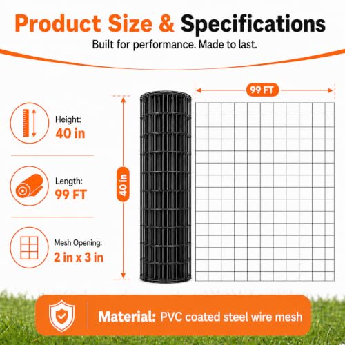 Welded Wire Fence Roll 16GA Black Coated Steel Wire Mesh, Heavy Duty Garden Fencing for Dog Fence, Poultry Enclosure, Vegetable Garden & Flower Border (40 in x 99 ft) - size: 40 in x 99 ft