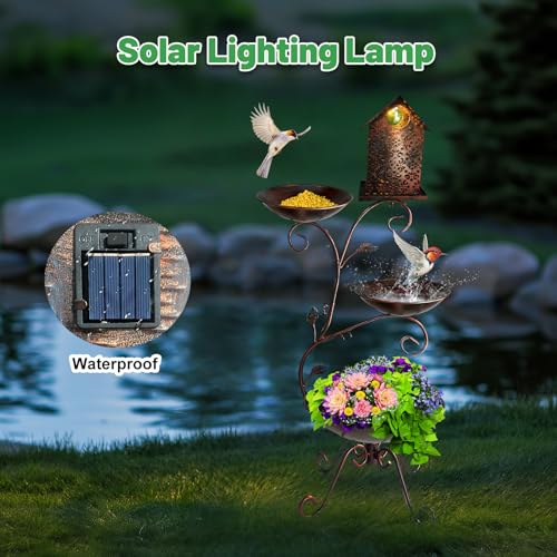 Bird Bath for Outside, 37" Antique Brass Metal Bird Bath Outdoors with Solar Lights, 4-in-1 Rust-Resistant Bird Feeder and House Combo, Detachable Flower Pots for Garden Yard Patio Decor - color: Brown S Shape-with Solar Light