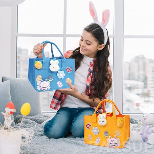 2PCS Easter Egg Hunt Bags Happy Easter Bunny Gift Bags with Handles, Easter Treat Bags, Felt Easter Bags for Gifts Wrapping, Egg Hunt Game, Easter Party Supplies, 12" x7.8" x6.8"(Blue + Orange)