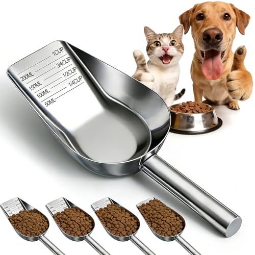 Dog Food Scoop Stainless Steel with Long Handle, Precise Measuring Cups | 1, 3/4, 1/2, 1/4 Cup, Pet Scoop for Dogs, Cats, Rabbits, Animals, Metal Spoon for Dog Food Storage (1CUP) - size: 1CUP