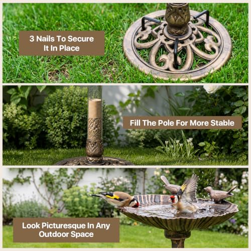 Athena Collection 31.5" Solar Powered Pedestal Bird Bath Fountain, Bronze | Detachable Solar Fountain Broad, 6 Spray Patterns, 5L Water Large Capacity，3 Ground Nails Included for Garden Yard Lawn - color: Bronze