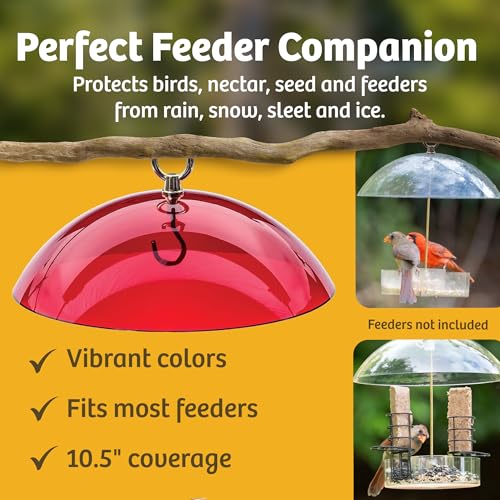 Birds Choice Bird Feeder Dome with Hanger | 10.5in Rain Guard Cover, Coral | Domed Acrylic Outdoor Weather Guard for Hanging Feeders to Keep Seed Dry, Heavy-Duty Chrome-Plated Hanger and Hook - color: Coral