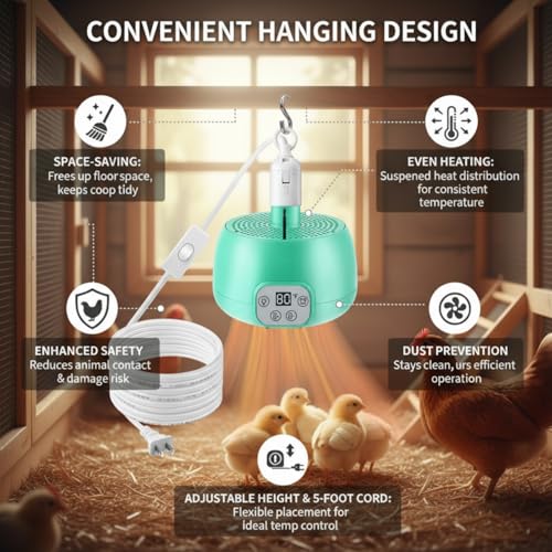 Enhon 2 Sets Chicken Coop Heater, Timing Heat Lamp for Chickens, Smart Temperature Control Chicken Brooder Heater Greenhouse Warmer, 5 Ft Ultra Long Cable Reptile Heating Lamp for Chicks Duck Dog Cat