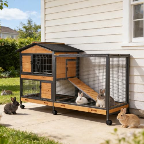 Suumerpety 2-Story Rabbit Cage with Chew-Proof Metal Frame for Indoor/Outdoor - 62" Bunny Hutch Guinea Pig Cages with 6 Locking Wheels & 2 Removable Trays for Rabbits/Guinea Pigs - color: (Brown & Black)