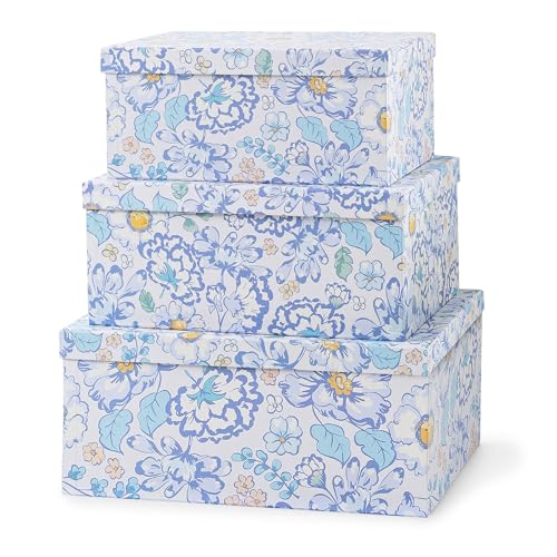 Soul & Lane - Sky Meadow Decorative Storage Boxes with Lids, Set of 3 | Floral Paperboard Nesting Containers for Keepsakes, Memories and Photos, Large Gift Set Boxes for Presents and Decor - color: Sky Meadow
