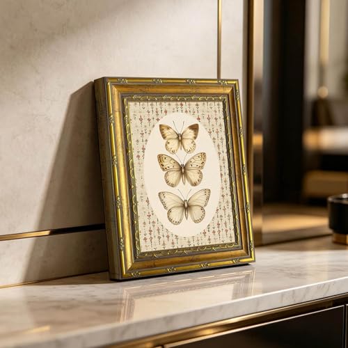 DR.RiftArt Vintage Butterfly Wall Art Antique Neutral Insect Decor Painting | Canvas Floral Background Artwork Print Picture Rustic Farmhouse Style for Living Room Bedroom Office 9x11 inch Gold Framed - color: There Butterfly, size: 11"L x 9"W