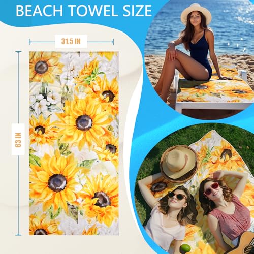 Sunflower Floral Beach Towel Bag - Summer Yellow Flowers 2 in 1 Travel Blanket Backpack for Women Holiday Picnic 63"x31.5" - color: Watercolor Sunflower Yellow