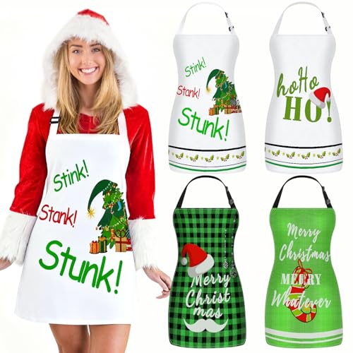 4Pcs Christmas Aprons Set - Adjustable Holiday Aprons with Christmas Tree, Stocking, Snowman for Family, Festive Kitchen Decor & Christmas Party Supplies - color: Christmas
