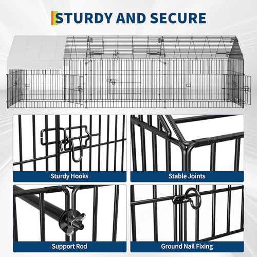 Large 130" Metal Chicken Coop Run with Waterproof Cover – Portable Outdoor Poultry Cage, Rabbit Hutch, Duck House, Pet Playpen – Easy Assembly, Secure Lock, 4-Door Design, All-Weather Enclosure