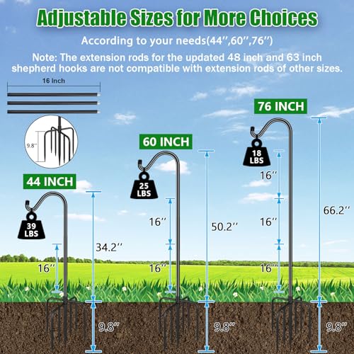 Sheperds Hooks for Outdoor Bird Feeder Pole 76 Inch Adjustable Tall Heavy Duty Shepherds Hooks for Hanging Plant Baskets, Solar Lights, Wedding Decor, Lanterns, Black (2 Pack) - size: 76 Inch