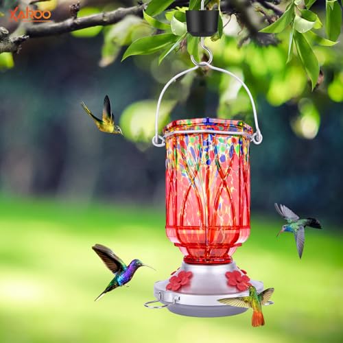 Hummingbird Feeders for Outdoors with Ant Moat, Hand Blown Glass Hummingbird Feeder, 4 Feeding Ports with Perch, Outdoor Garden Décor, 15 OZ, Red, Gifts for Mom Wife Dad Men Women - color: Red