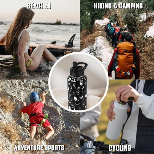 Goth Water Bottle with Straws Insulated Bottle Halloween Gothic Bats Travel Thermal Double Walled Vacuum Cup Leak Proof Stainless Steel Tumbler Witchy Decor Gifts-32 oz - color: Black