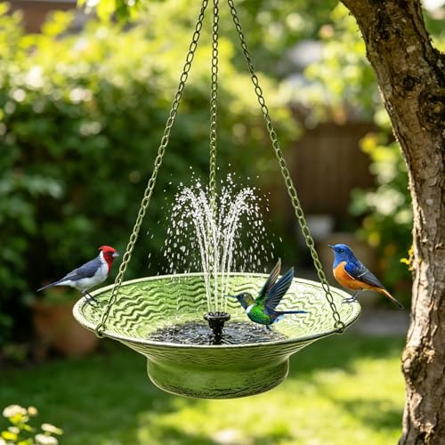 12.6" Hanging Solar Bird Bath Metal for Outside Green | Hanging Bird Bath with Solar Fountain, Hanging Birdbath Bubbler for Outdoors Backyard Patio Garden Decor - color: Green