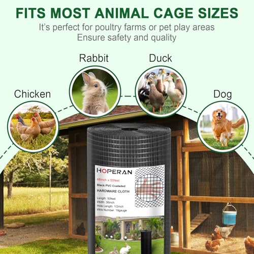 HOPERAN Black Hardware Cloth 1/2 Inch 48 x 50 Ft 19 Gauge Chicken Wire | Vinyl Coated, PVC Coated Welded Mesh Roll, for Garden Fencing Gopher Wire Rabbit Cage Poultry Netting - size: 1/2inch 48in×50ft