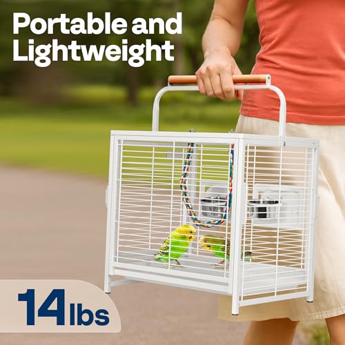 VIVOHOME 19 Inch Wrought Iron Travel Bird Cage for Cockatiel Parakeets | Bird Travel Carrier Cage with Wooden Handle/Perch, Slide-out Tray for Small Parrots Conures Lovebirds Canaries Finches, White - color: White