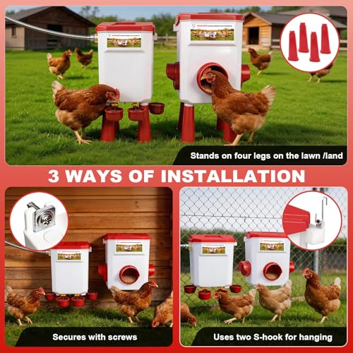 Chicken Feeder and Waterer Set, 2 Gallon Automatic Chicken Waterer with Float Valve, 26.5 Pounds Chickens Feeders No Waste with Vegetable Net & Xylophone Toy, Standing/Hanging Use for Poultry