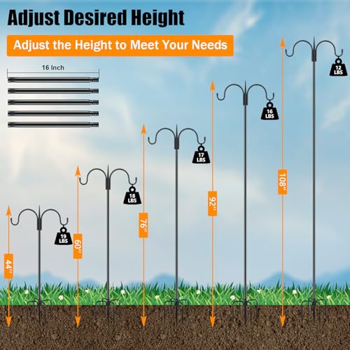 Heavy Duty Shepherds Hook 108" Double Hooks Adjustable (44/60/76/92/108") - Metal 5-Prong Base, 12lb Capacity - Easy Assembly Bird Feeder Pole for Hanging Planters, Lanterns, Wind Chimes - color: 1-Pack, size: 108" Double Hook