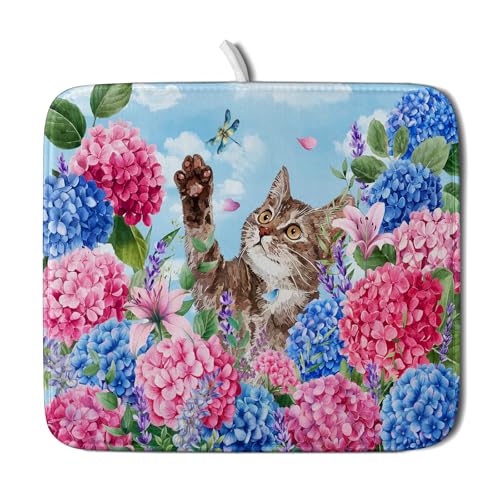 Hydrangea Floral Dish Drying Mat Cute Cat Microfiber Absorbent Dish Drying Pad for Kitchen Counter 16 X 18 - color: Colorful Hydrangea Cat, size: 18" x 16"