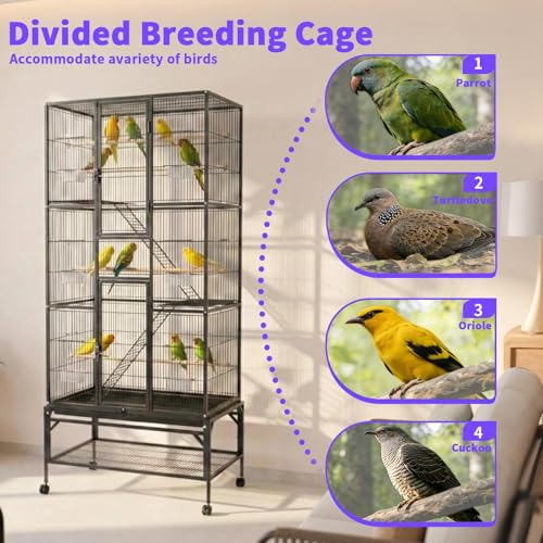 Large Bird Cage & Parakeet Cage, 69" Parrot Flight Cage with Rolling Stand | 0.4" bar spacing, 3-tier aviary, 12 doors, removable mesh shelf, 6 feeders, ideal cockatiel cage & budgie cage