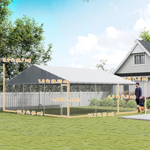 PawHut Outdoor Dog Kennel, 20' x 20' x 10', Waterproof Roof for Large Dogs | Heavy Duty Galvanized Chain Link Pet Enclosure, Secure Lock for Chicken, Duck - size: 236.2"L x 236.2"W x 106.3"H