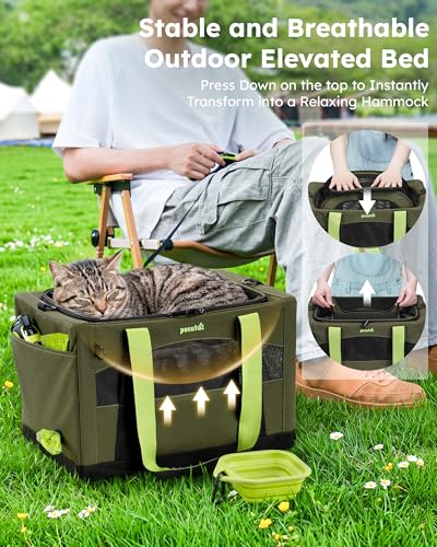 Pecute Cat Carrier,Top Expandable Dog Crate for Travel, Green | 5mm Anti-Collapse Steel Frame, Soft Mesh, Vet Visits, Foldable Travel Crate,Outdoor Hammock, Leakproof Pee Pad & Bowl - color: Green