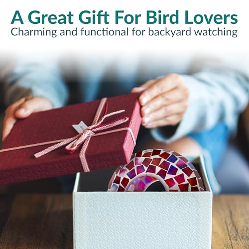 Sunnydaze Mosaic Glass Bird Feeder, Fly-Through, Crimson Mosaic | 6" Small Unique Hanging Bird Feeder for Outdoors, Drainage Hole, Weather-Resistant, Birdfeeder for Cardinals, Jays, & Finches - color: Crimson Mosaic