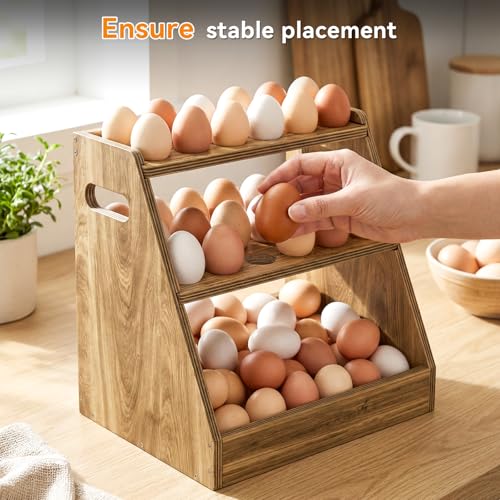 3-Tier Wood Egg Holder, Egg Holder Countertop with Basket, Wooden Egg Basket with Handle Holds 70-80 Fresh Eggs for Kitchen, Farm Gathering