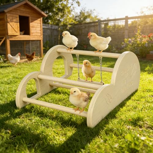 Chicken Perch with Swing & Mirror, Waterproof PVC Roosting Stand for Hens Activity Gym for Chick Toys & Bantams, Durable Easy-Clean Coop and Brooder