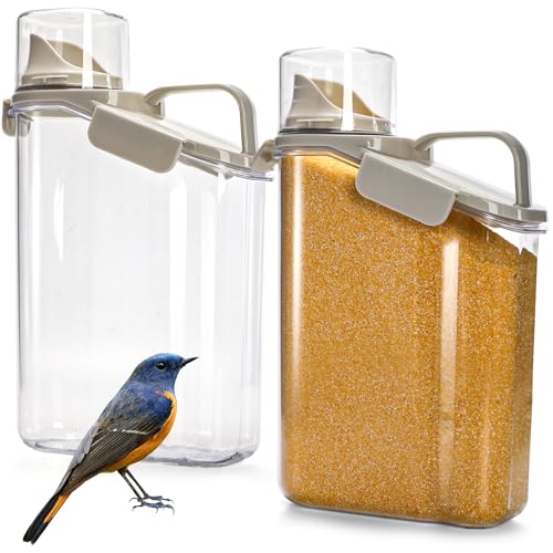 2 Pack Bird Seed Storage Container, 3 Qt/2.8 L Airtight Cereal Storage Bin with Pour Spout and Measuring Cup, BPA Free Plastic Water Pitcher with Handle for Rice, Grain, Flour, Pet Food